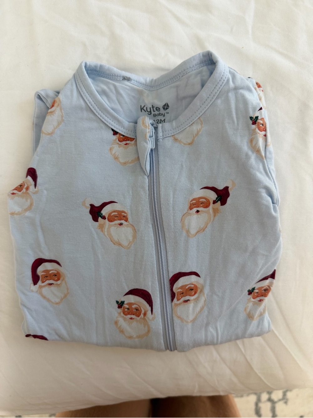 Kyte BABY Light Blue Santa Faces Zip Footed Pajamas